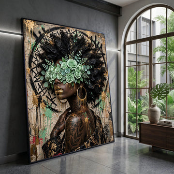 Afrocentric Woman Portrait Canvas, Gold Accents Wall Art, Floral Blindfold Design, Contemporary Urban Canvas, Bold Canvas Print Art