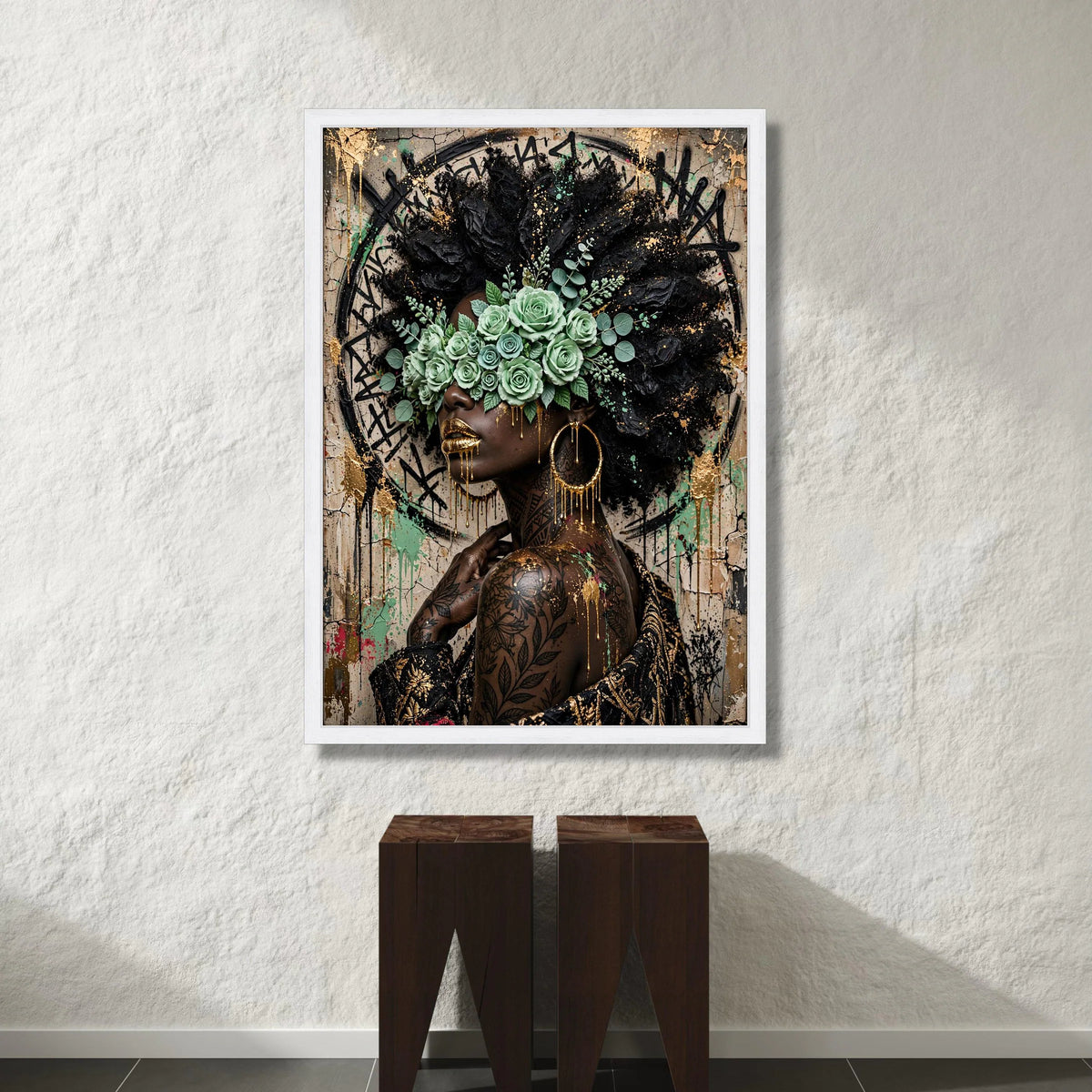 Afrocentric Woman Portrait Canvas, Gold Accents Wall Art, Floral Blindfold Design, Contemporary Urban Canvas, Bold Canvas Print Art