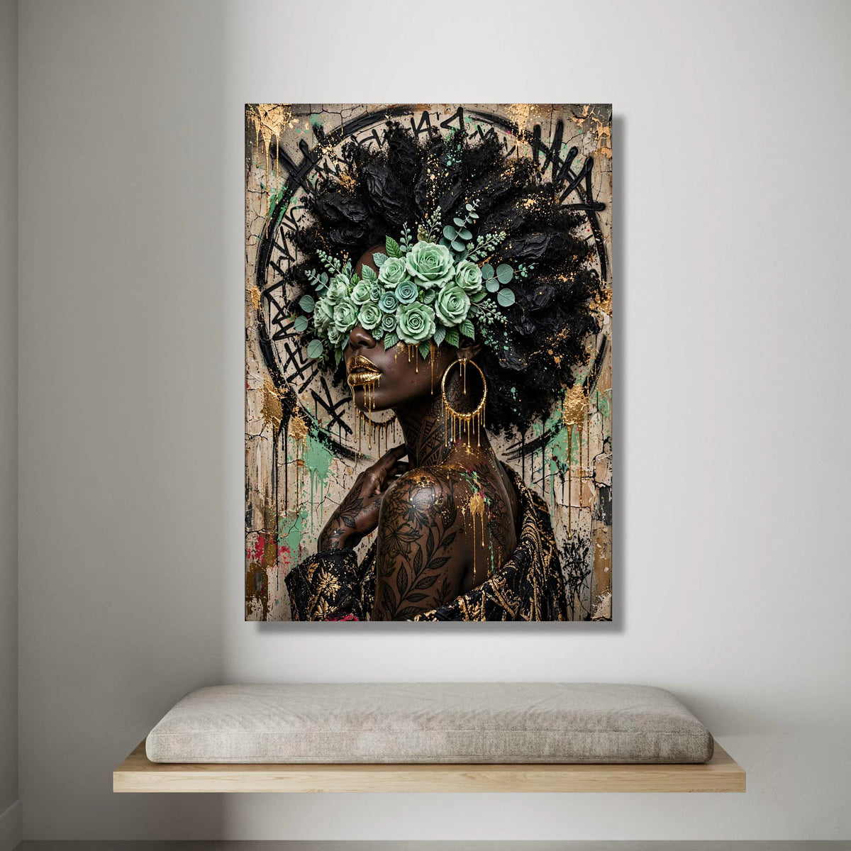 Afrocentric Woman Portrait Canvas, Gold Accents Wall Art, Floral Blindfold Design, Contemporary Urban Canvas, Bold Canvas Print Art