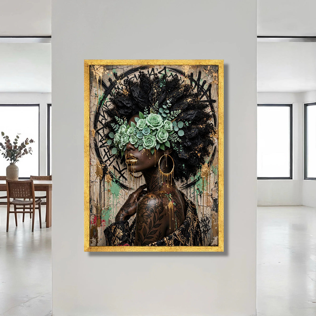 Afrocentric Woman Portrait Canvas, Gold Accents Wall Art, Floral Blindfold Design, Contemporary Urban Canvas, Bold Canvas Print Art