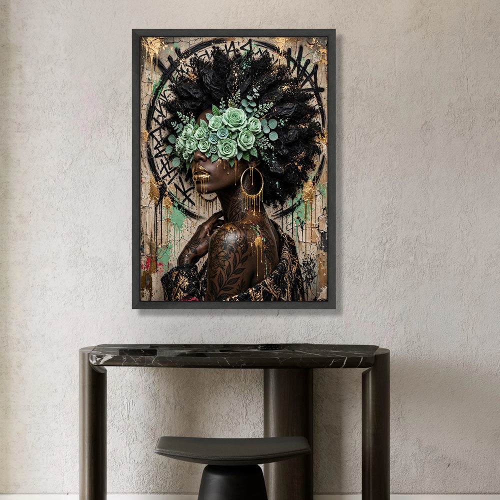 Afrocentric Woman Portrait Canvas, Gold Accents Wall Art, Floral Blindfold Design, Contemporary Urban Canvas, Bold Canvas Print Art