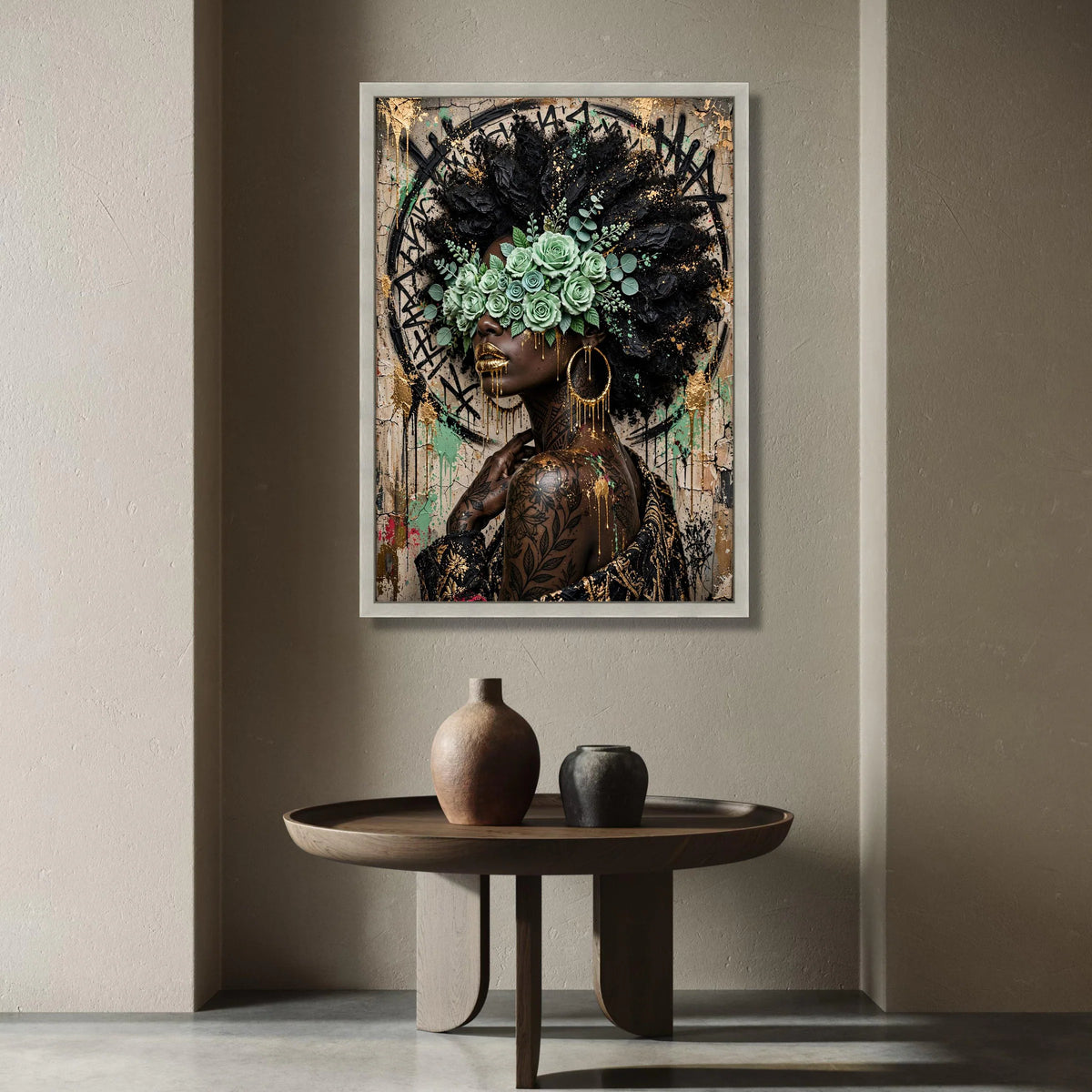 Afrocentric Woman Portrait Canvas, Gold Accents Wall Art, Floral Blindfold Design, Contemporary Urban Canvas, Bold Canvas Print Art