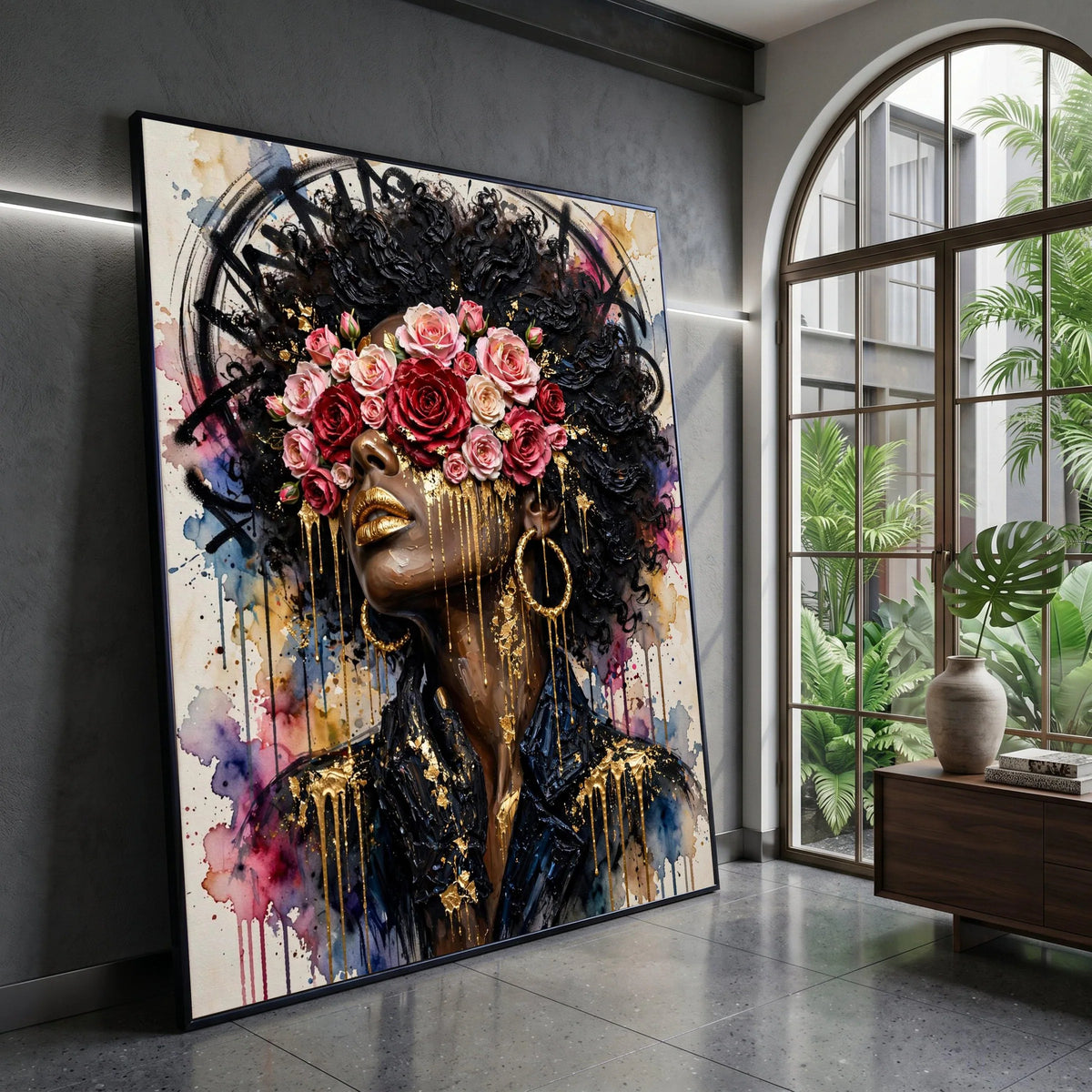 Elegant Woman Portrait Canvas, Floral Crown Wall Art, Afro Hair Design, Gold Accents Canvas, Modern Female Face Decoration Canvas Print Art