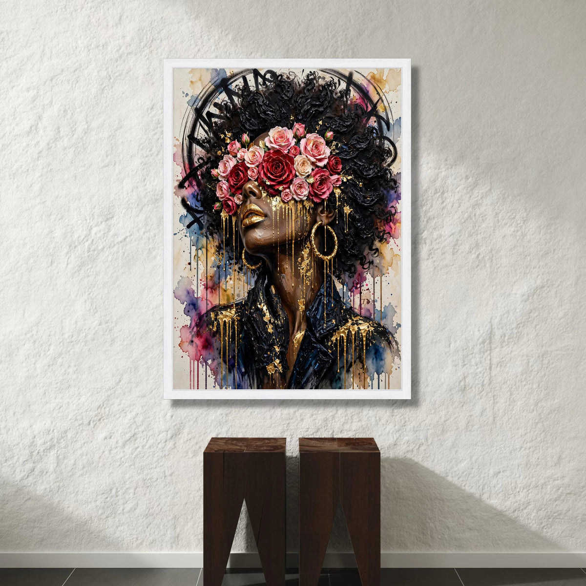 Elegant Woman Portrait Canvas, Floral Crown Wall Art, Afro Hair Design, Gold Accents Canvas, Modern Female Face Decoration Canvas Print Art
