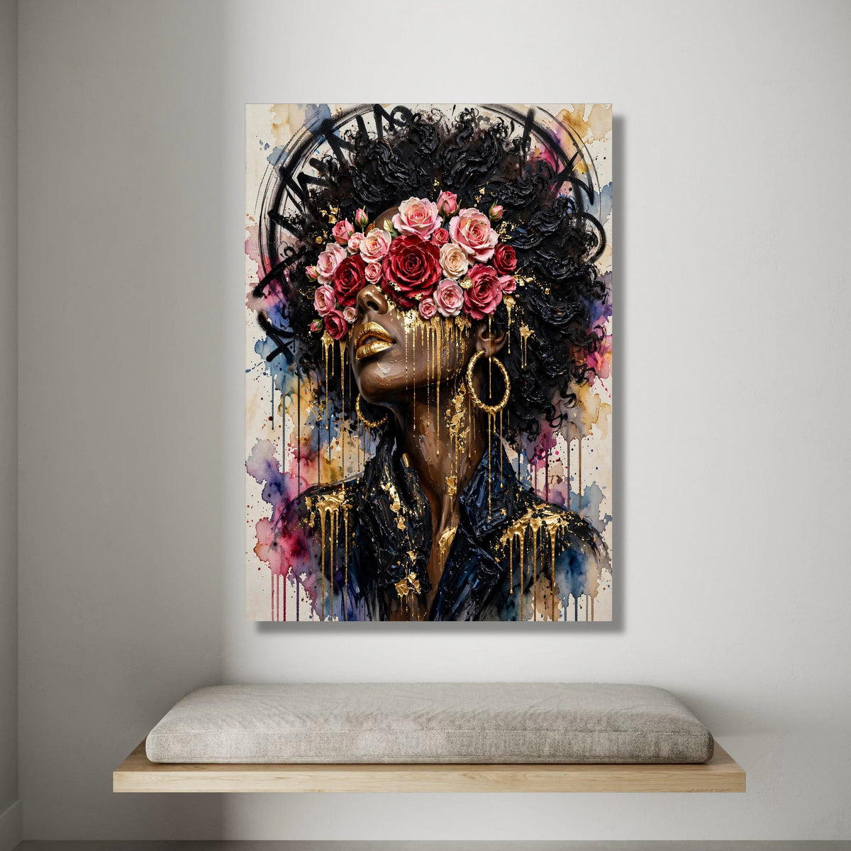 Elegant Woman Portrait Canvas, Floral Crown Wall Art, Afro Hair Design, Gold Accents Canvas, Modern Female Face Decoration Canvas Print Art