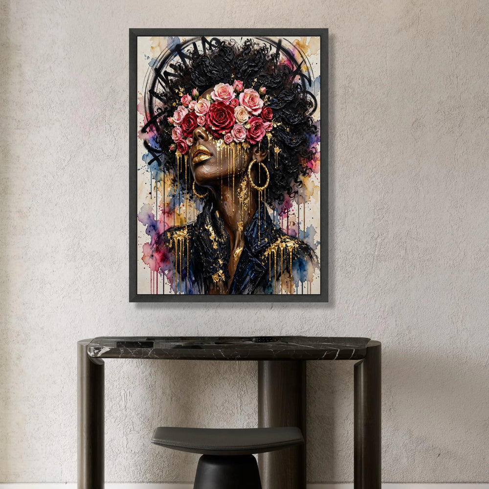 Elegant Woman Portrait Canvas, Floral Crown Wall Art, Afro Hair Design, Gold Accents Canvas, Modern Female Face Decoration Canvas Print Art