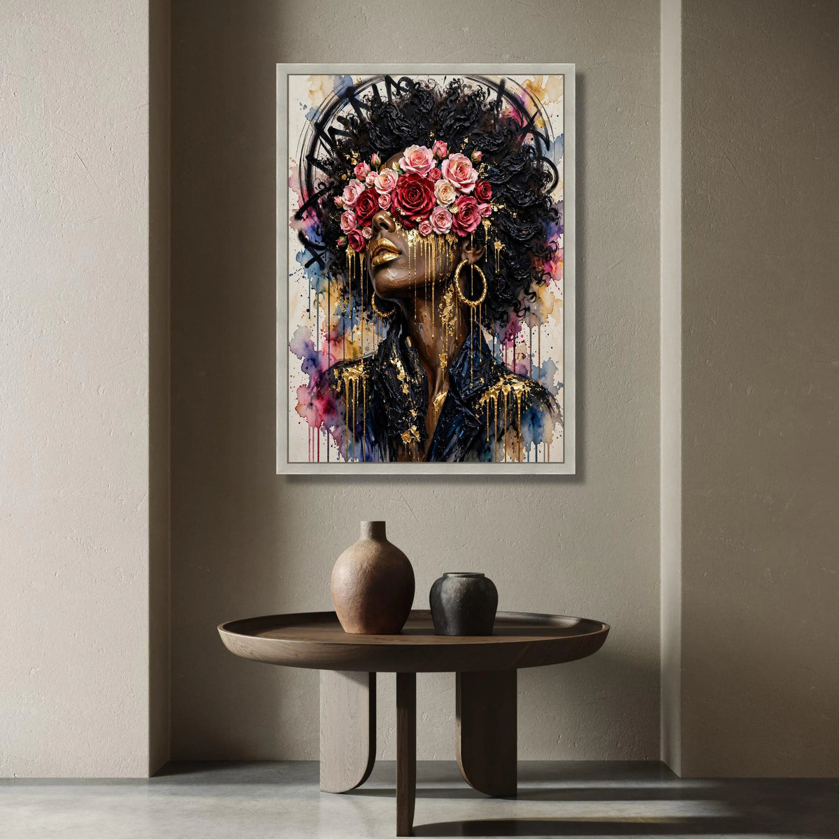 Elegant Woman Portrait Canvas, Floral Crown Wall Art, Afro Hair Design, Gold Accents Canvas, Modern Female Face Decoration Canvas Print Art