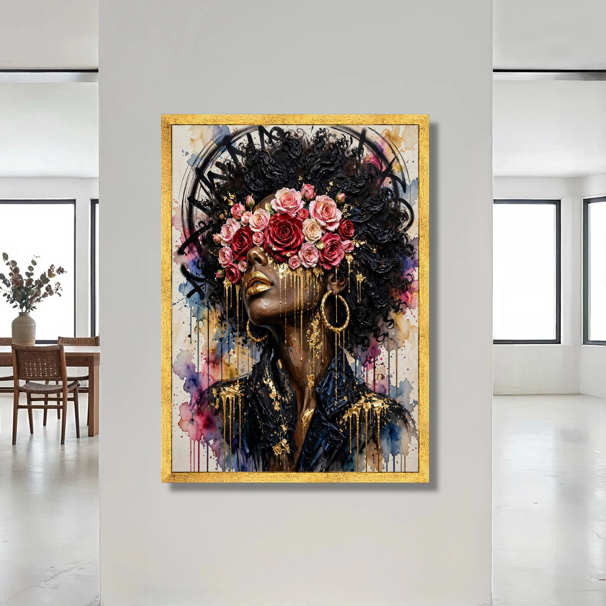 Elegant Woman Portrait Canvas, Floral Crown Wall Art, Afro Hair Design, Gold Accents Canvas, Modern Female Face Decoration Canvas Print Art