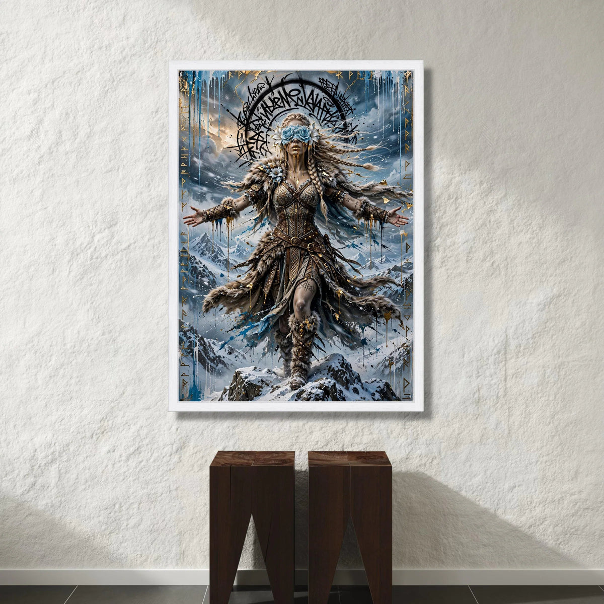 Nordic Warrior Woman Canvas Wall Art, Mythical Fantasy Decor, Viking Wall Hanging, Snow Mountain Landscape Art Canvas Print Art