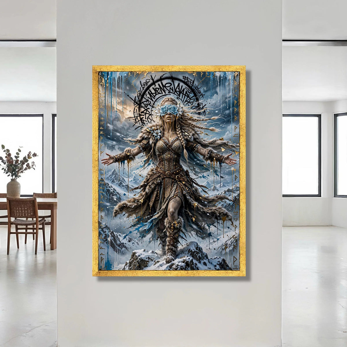 Nordic Warrior Woman Canvas Wall Art, Mythical Fantasy Decor, Viking Wall Hanging, Snow Mountain Landscape Art Canvas Print Art