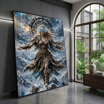 Nordic Warrior Woman Canvas Wall Art, Mythical Fantasy Decor, Viking Wall Hanging, Snow Mountain Landscape Art Canvas Print Art