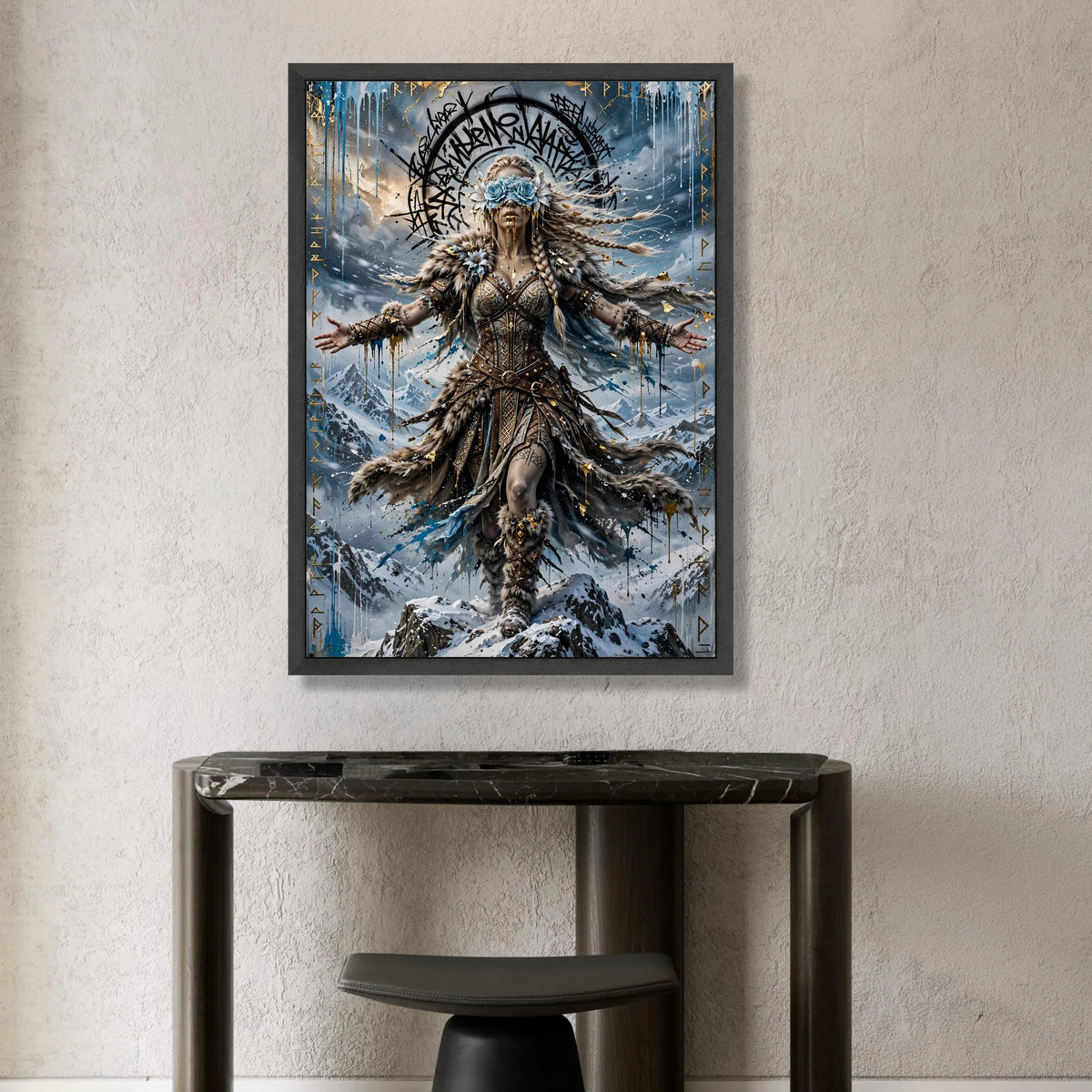 Nordic Warrior Woman Canvas Wall Art, Mythical Fantasy Decor, Viking Wall Hanging, Snow Mountain Landscape Art Canvas Print Art
