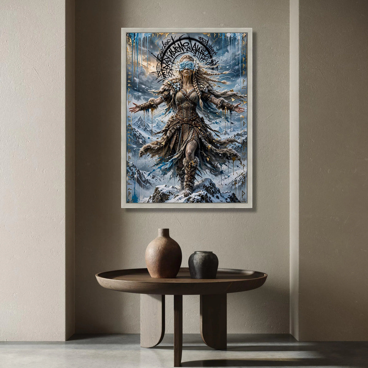 Nordic Warrior Woman Canvas Wall Art, Mythical Fantasy Decor, Viking Wall Hanging, Snow Mountain Landscape Art Canvas Print Art