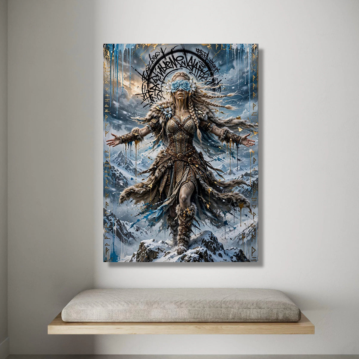 Nordic Warrior Woman Canvas Wall Art, Mythical Fantasy Decor, Viking Wall Hanging, Snow Mountain Landscape Art Canvas Print Art