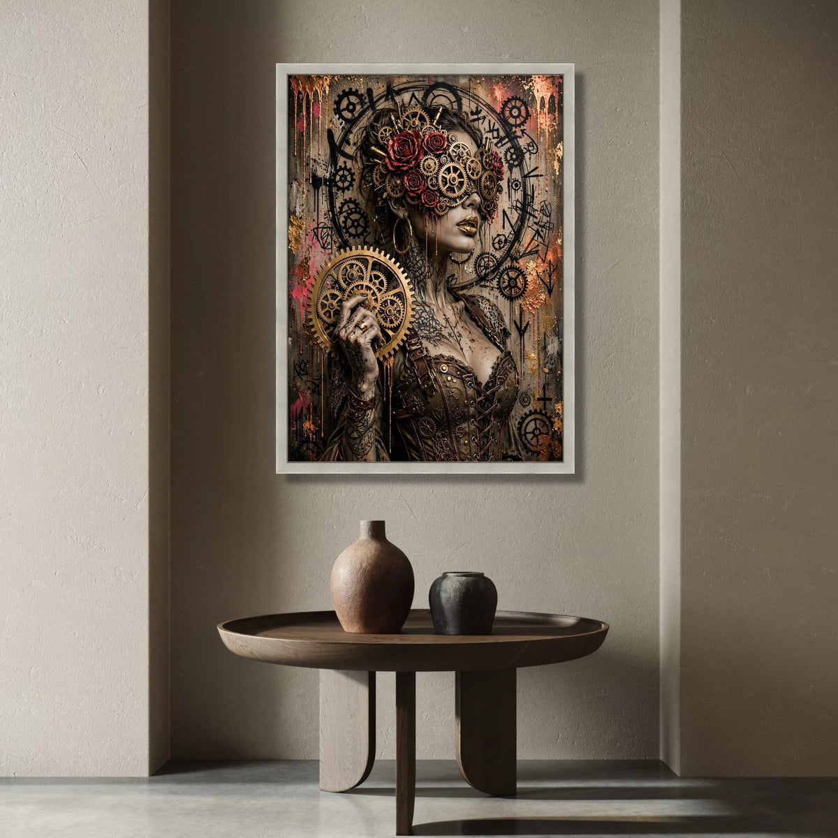 Steampunk Woman with Gears and Roses Canvas, Mechanical Art Portrait, Industrial Gothic Wall Art, Bronze and Copper Home Canvas Print Art