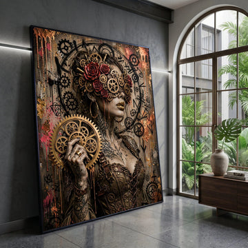 Steampunk Woman with Gears and Roses Canvas, Mechanical Art Portrait, Industrial Gothic Wall Art, Bronze and Copper Home Canvas Print Art
