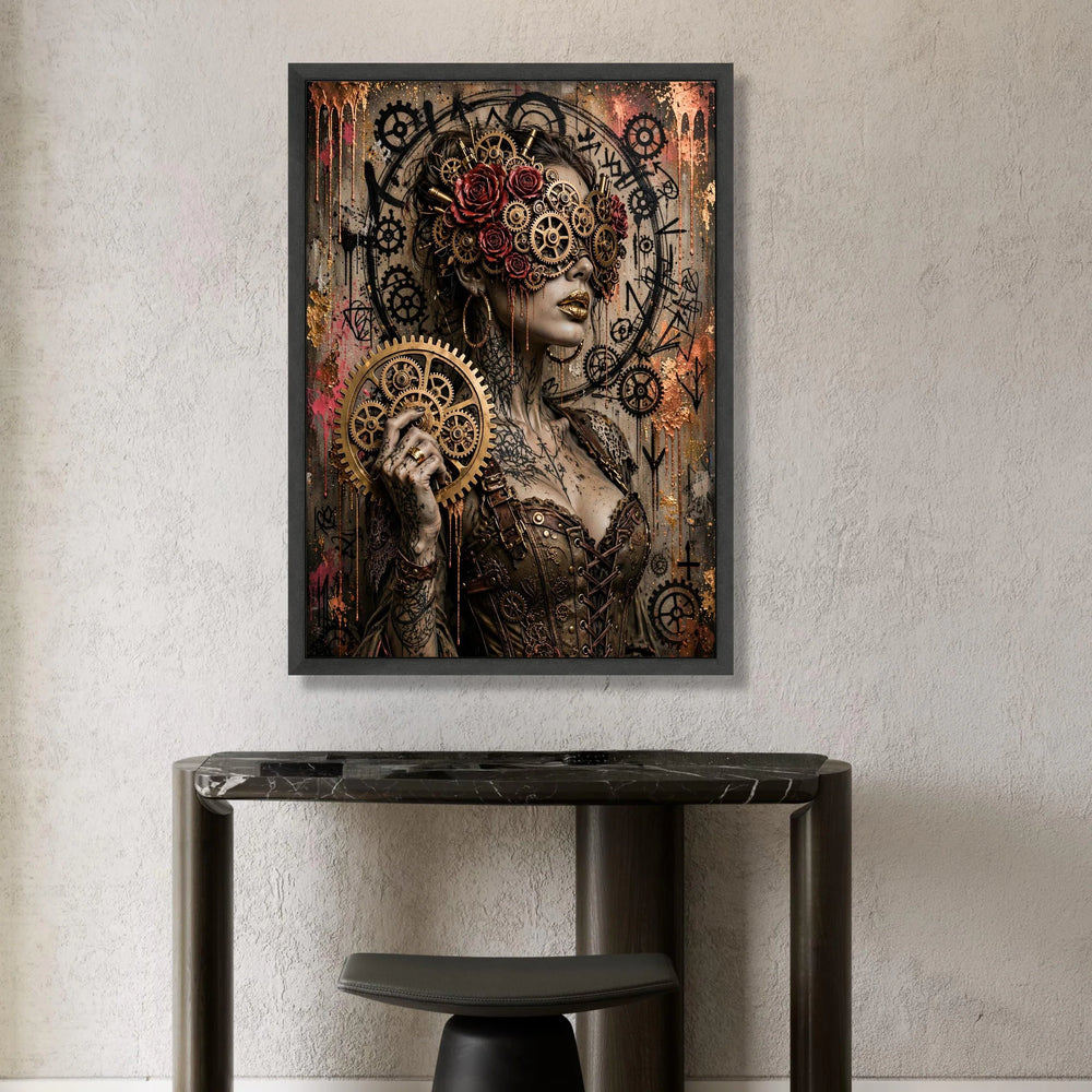 Steampunk Woman with Gears and Roses Canvas, Mechanical Art Portrait, Industrial Gothic Wall Art, Bronze and Copper Home Canvas Print Art