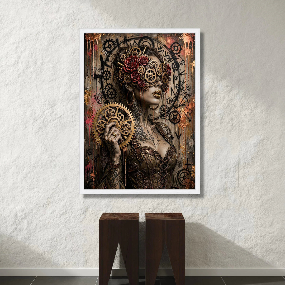 Steampunk Woman with Gears and Roses Canvas, Mechanical Art Portrait, Industrial Gothic Wall Art, Bronze and Copper Home Canvas Print Art