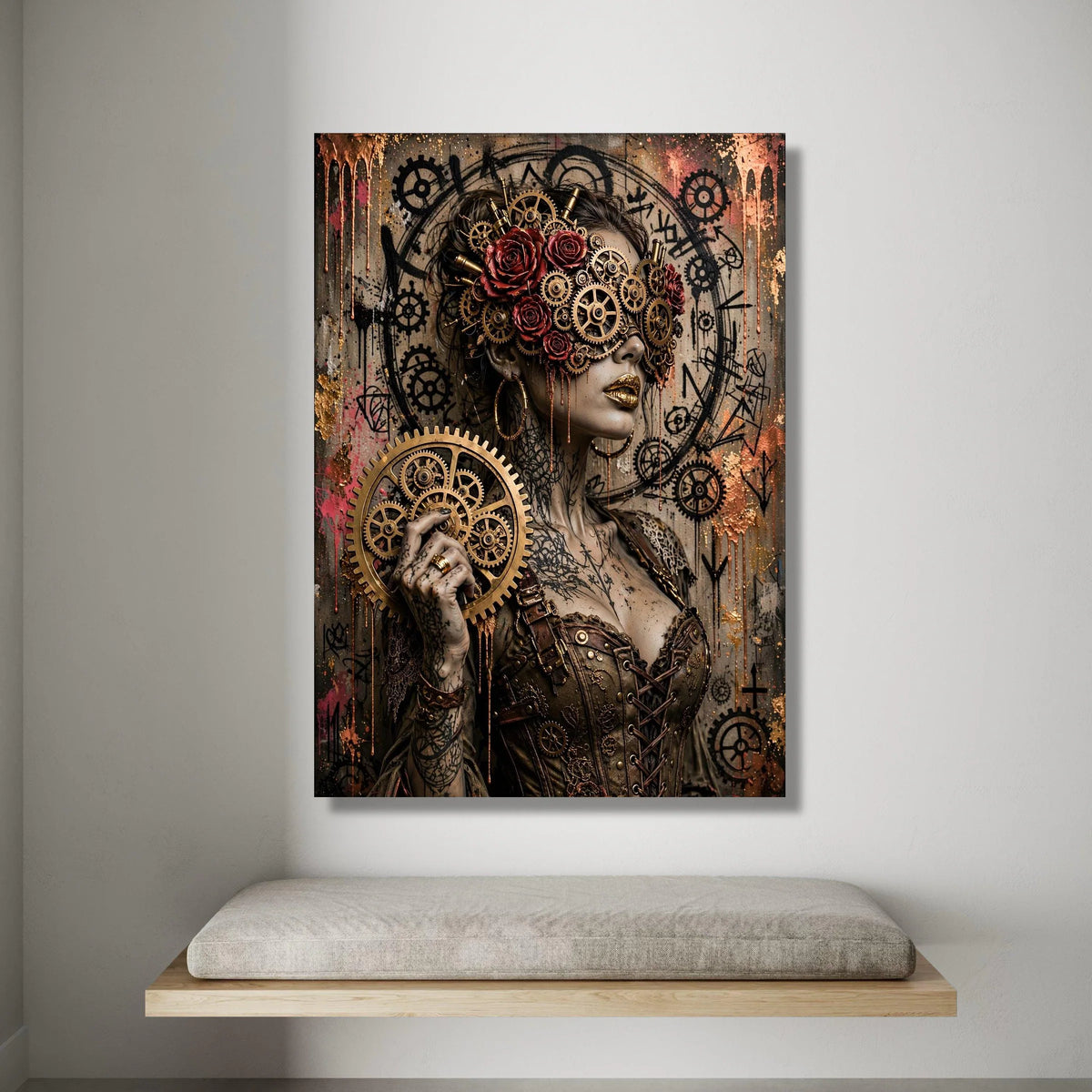 Steampunk Woman with Gears and Roses Canvas, Mechanical Art Portrait, Industrial Gothic Wall Art, Bronze and Copper Home Canvas Print Art