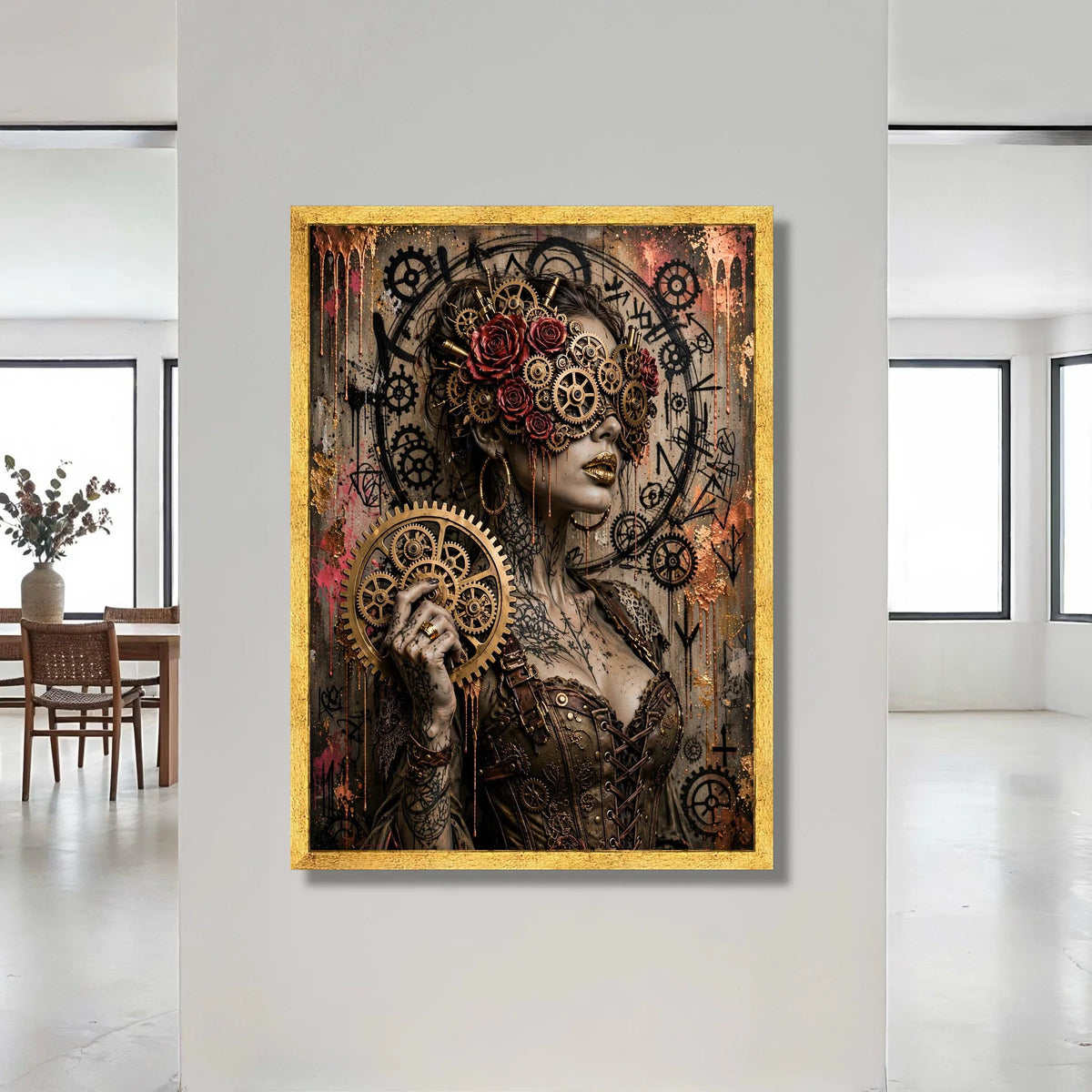 Steampunk Woman with Gears and Roses Canvas, Mechanical Art Portrait, Industrial Gothic Wall Art, Bronze and Copper Home Canvas Print Art
