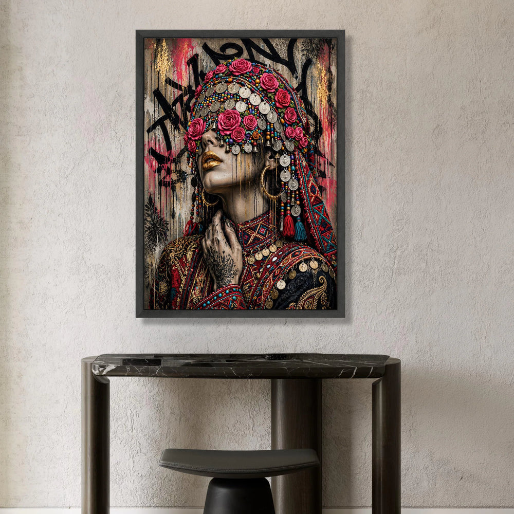 Vibrant Ethnic Portrait Canvas, Bohemian Woman with Floral Headdress, Colorful Jewelry Wall Art, Tribal Fashion Canvas, Canvas Print Art
