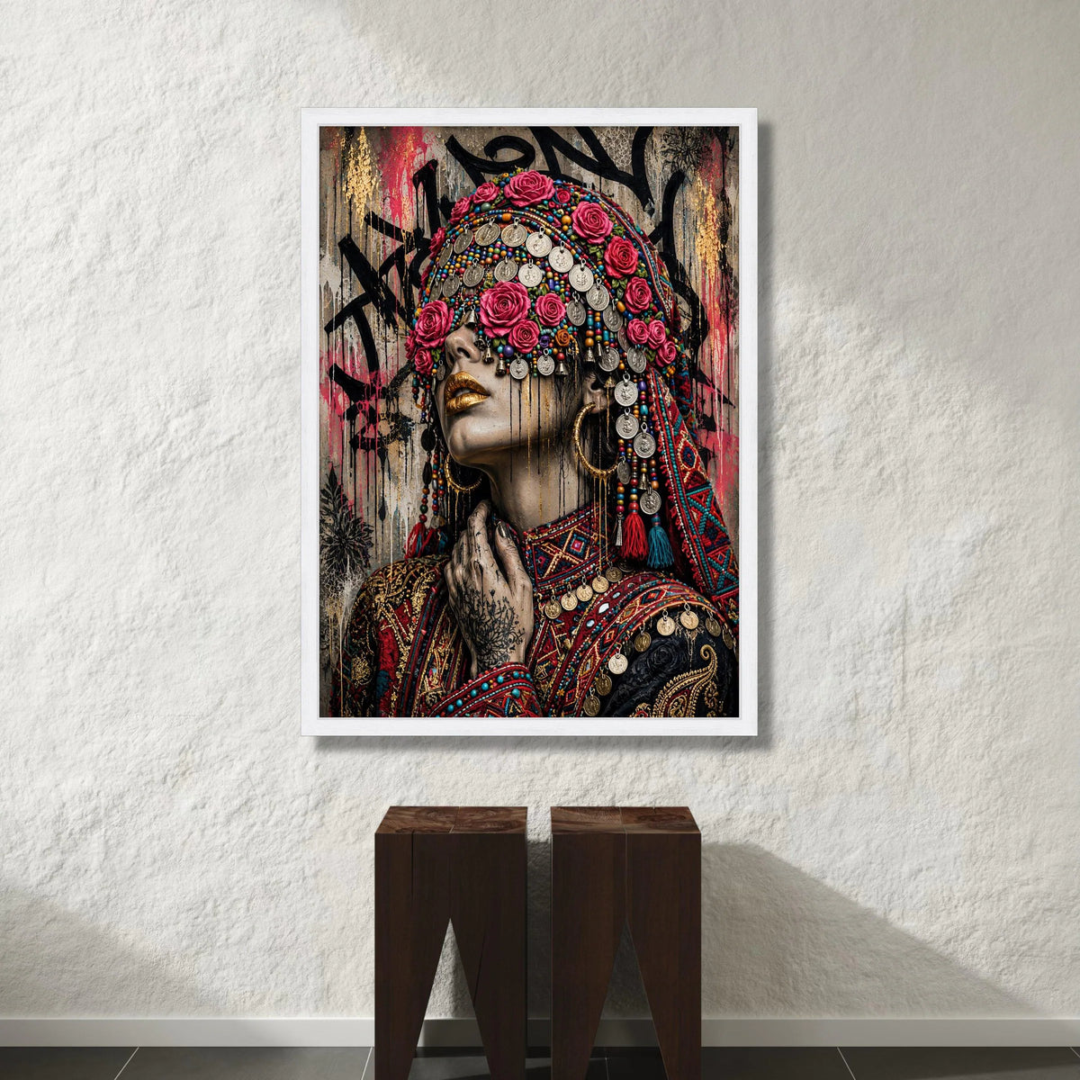 Vibrant Ethnic Portrait Canvas, Bohemian Woman with Floral Headdress, Colorful Jewelry Wall Art, Tribal Fashion Canvas, Canvas Print Art