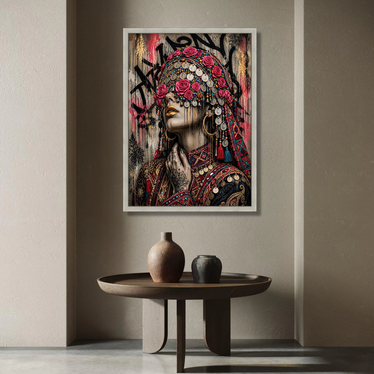 Vibrant Ethnic Portrait Canvas, Bohemian Woman with Floral Headdress, Colorful Jewelry Wall Art, Tribal Fashion Canvas, Canvas Print Art