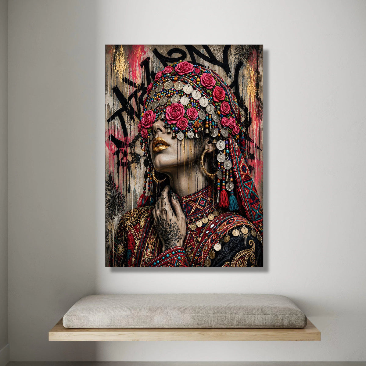 Vibrant Ethnic Portrait Canvas, Bohemian Woman with Floral Headdress, Colorful Jewelry Wall Art, Tribal Fashion Canvas, Canvas Print Art