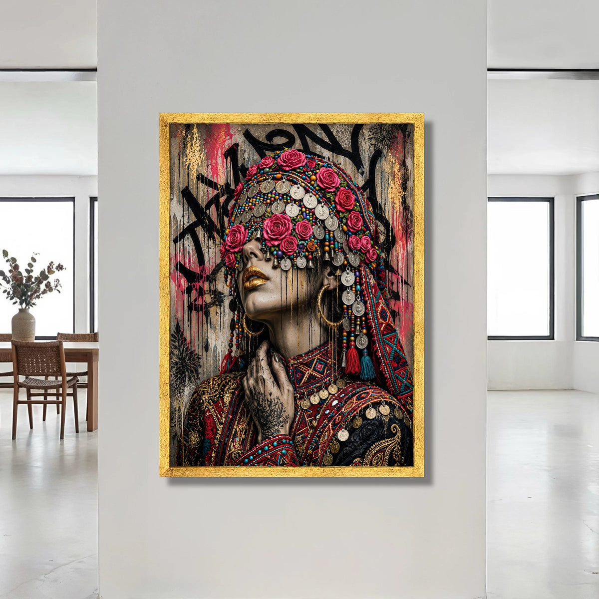 Vibrant Ethnic Portrait Canvas, Bohemian Woman with Floral Headdress, Colorful Jewelry Wall Art, Tribal Fashion Canvas, Canvas Print Art