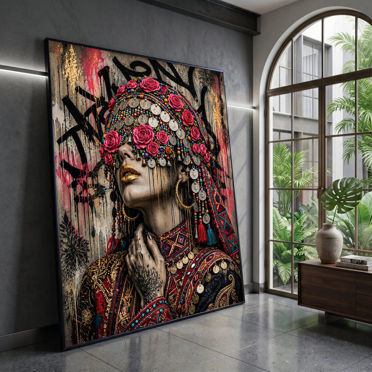 Vibrant Ethnic Portrait Canvas, Bohemian Woman with Floral Headdress, Colorful Jewelry Wall Art, Tribal Fashion Canvas, Canvas Print Art