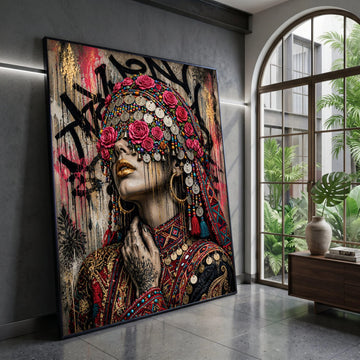 Vibrant Ethnic Portrait Canvas, Bohemian Woman with Floral Headdress, Colorful Jewelry Wall Art, Tribal Fashion Canvas, Canvas Print Art