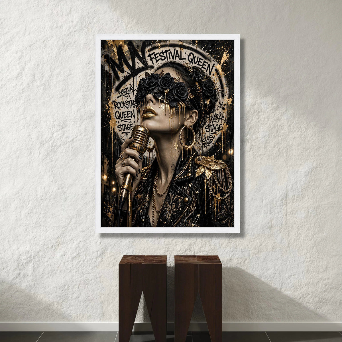 Festival Queen Portrait Canvas, Gold and Black Floral Mask, Modern Rockstar Wall Art, Glamorous Music Canvas, Edgy Home Canvas Print Art