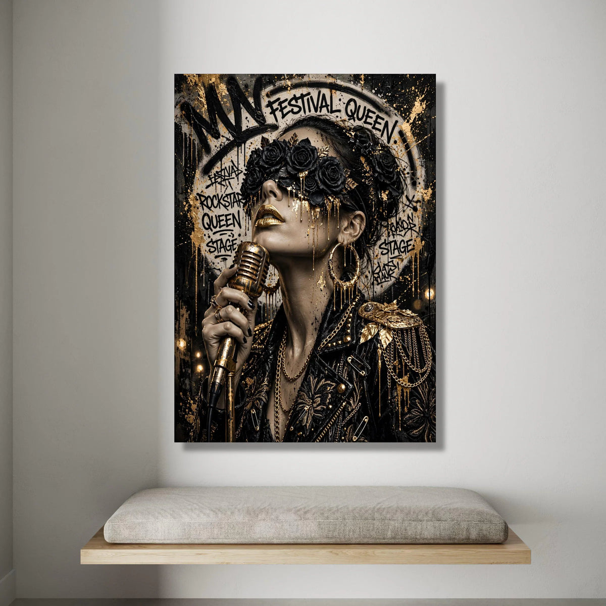 Festival Queen Portrait Canvas, Gold and Black Floral Mask, Modern Rockstar Wall Art, Glamorous Music Canvas, Edgy Home Canvas Print Art