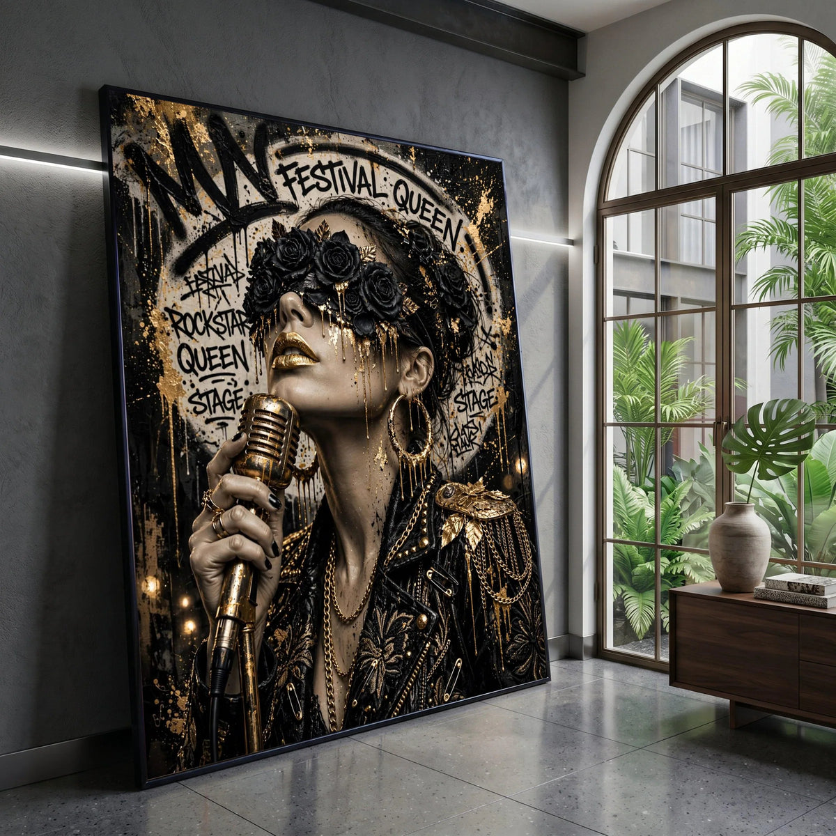 Festival Queen Portrait Canvas, Gold and Black Floral Mask, Modern Rockstar Wall Art, Glamorous Music Canvas, Edgy Home Canvas Print Art