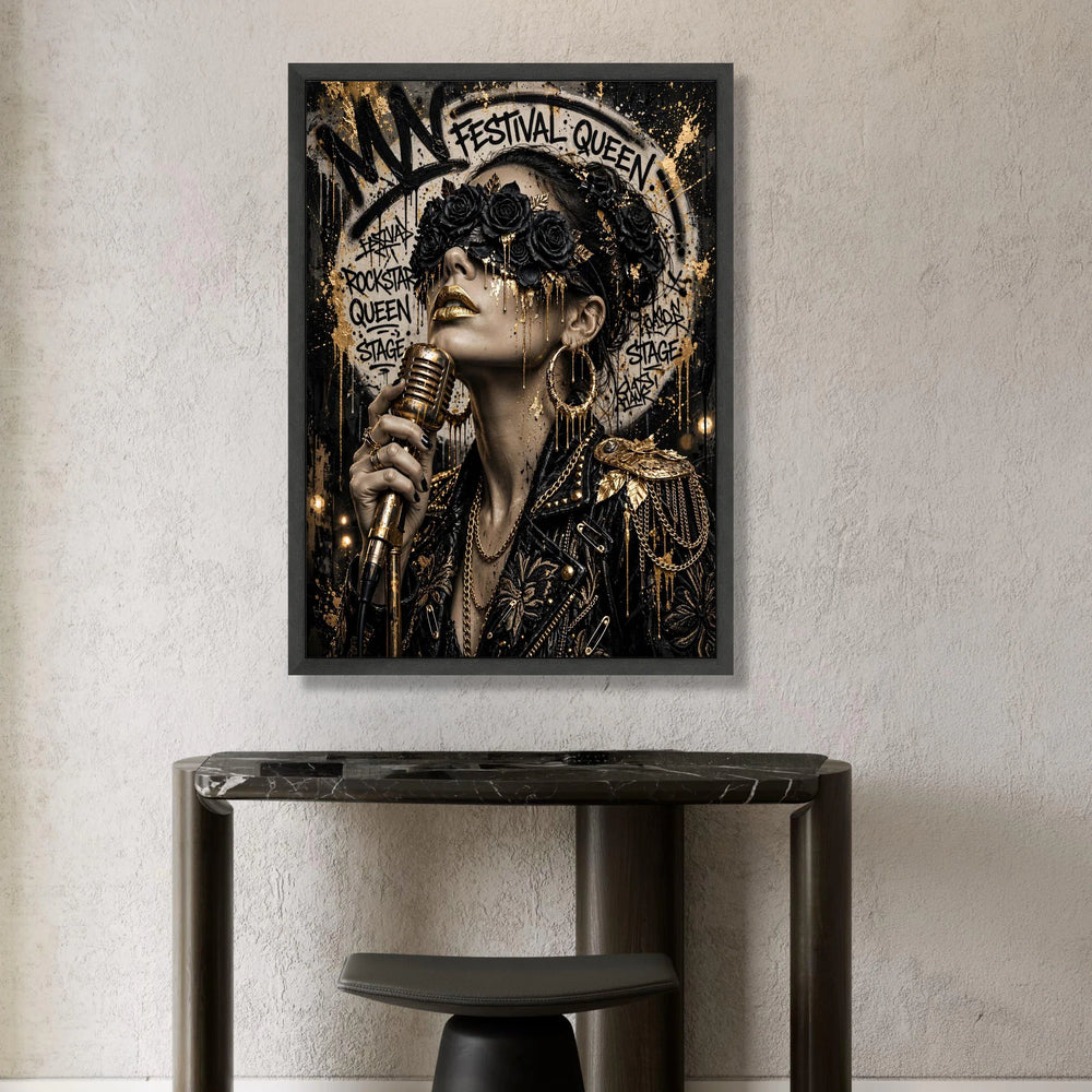 Festival Queen Portrait Canvas, Gold and Black Floral Mask, Modern Rockstar Wall Art, Glamorous Music Canvas, Edgy Home Canvas Print Art