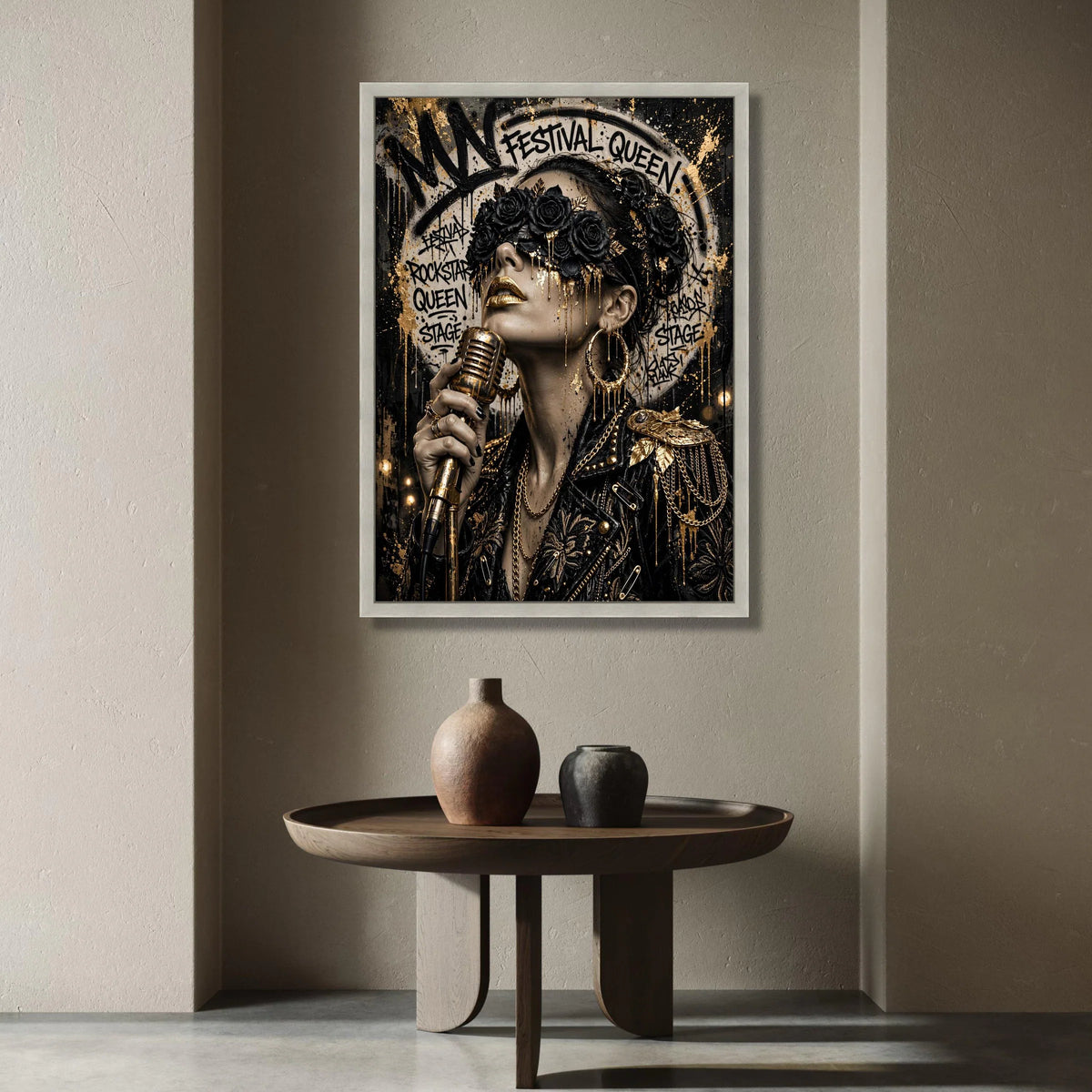 Festival Queen Portrait Canvas, Gold and Black Floral Mask, Modern Rockstar Wall Art, Glamorous Music Canvas, Edgy Home Canvas Print Art