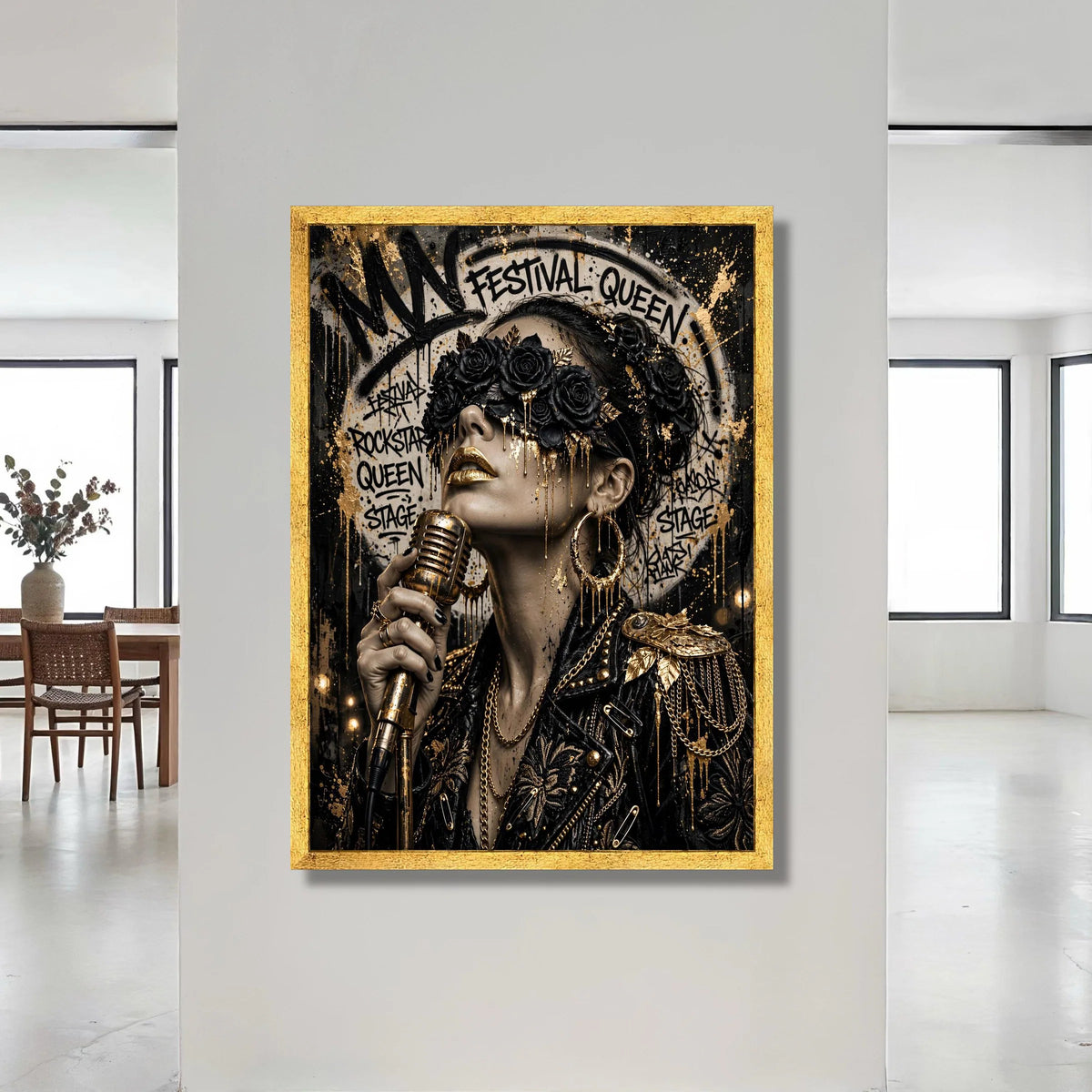 Festival Queen Portrait Canvas, Gold and Black Floral Mask, Modern Rockstar Wall Art, Glamorous Music Canvas, Edgy Home Canvas Print Art