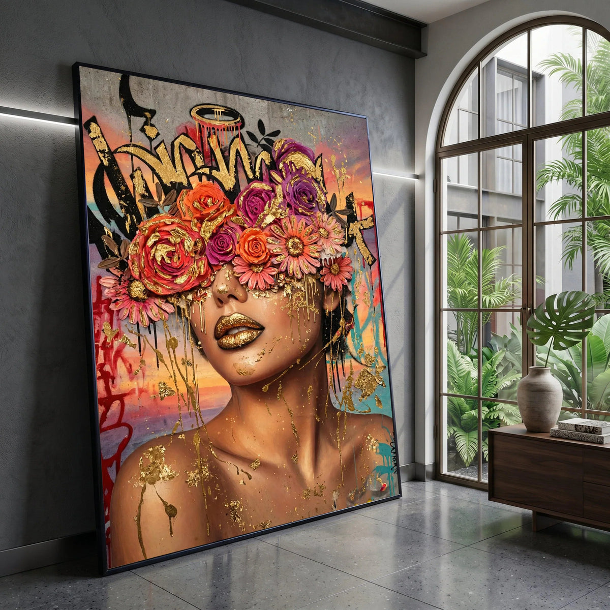 Glamorous Woman Portrait Canvas, Floral Crown Wall Art, Colorful Urban Graffiti Design, Modern Face Art Canvas, Home Canvas Print Art