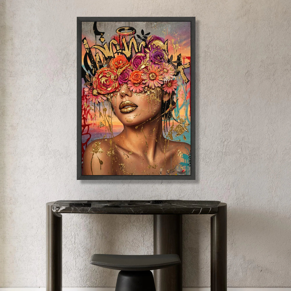 Glamorous Woman Portrait Canvas, Floral Crown Wall Art, Colorful Urban Graffiti Design, Modern Face Art Canvas, Home Canvas Print Art