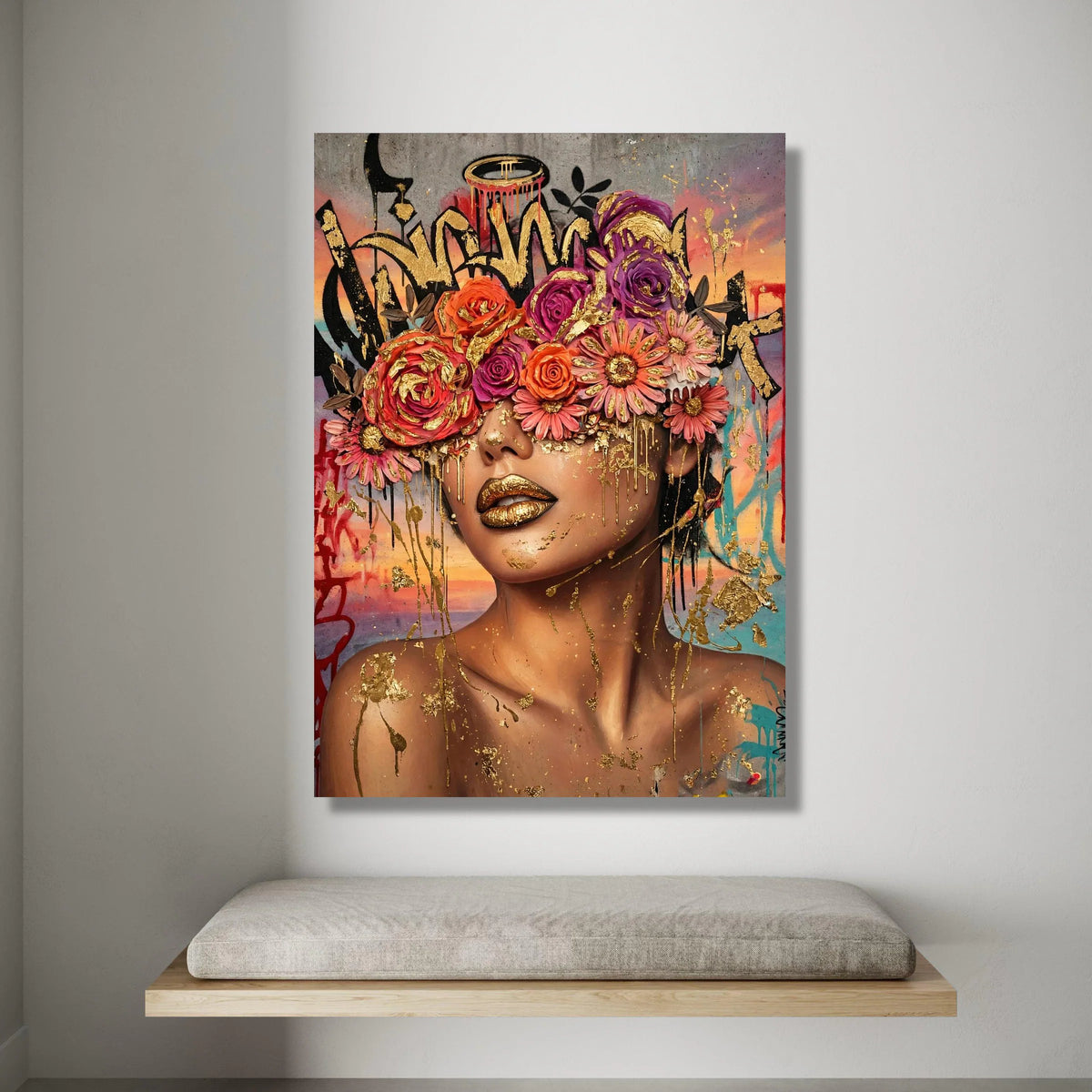 Glamorous Woman Portrait Canvas, Floral Crown Wall Art, Colorful Urban Graffiti Design, Modern Face Art Canvas, Home Canvas Print Art