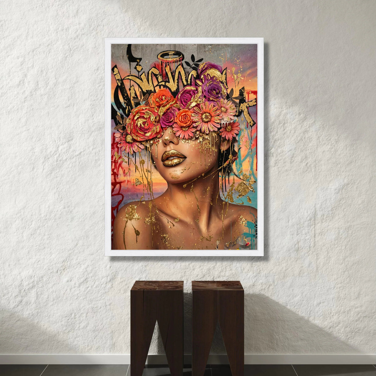 Glamorous Woman Portrait Canvas, Floral Crown Wall Art, Colorful Urban Graffiti Design, Modern Face Art Canvas, Home Canvas Print Art
