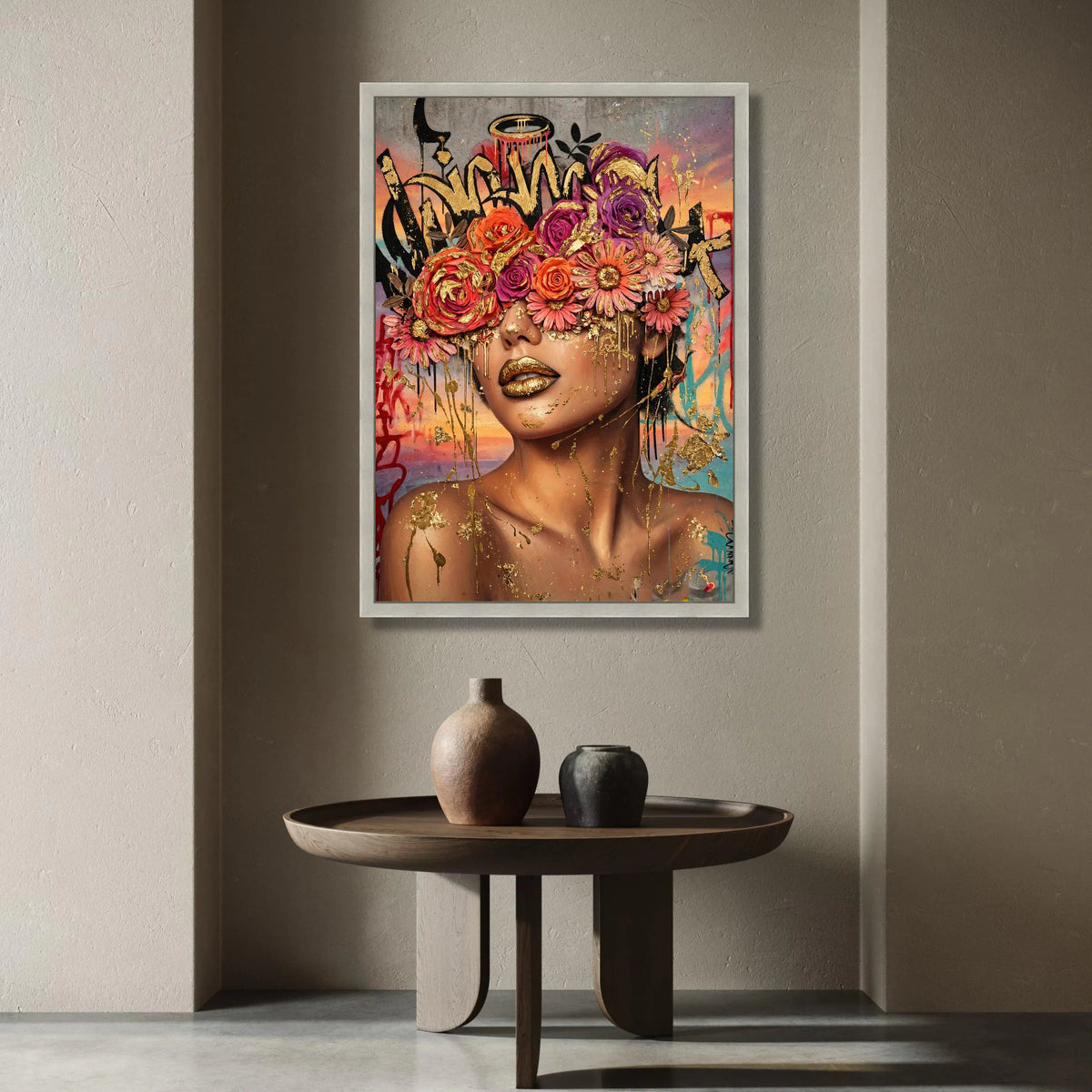 Glamorous Woman Portrait Canvas, Floral Crown Wall Art, Colorful Urban Graffiti Design, Modern Face Art Canvas, Home Canvas Print Art