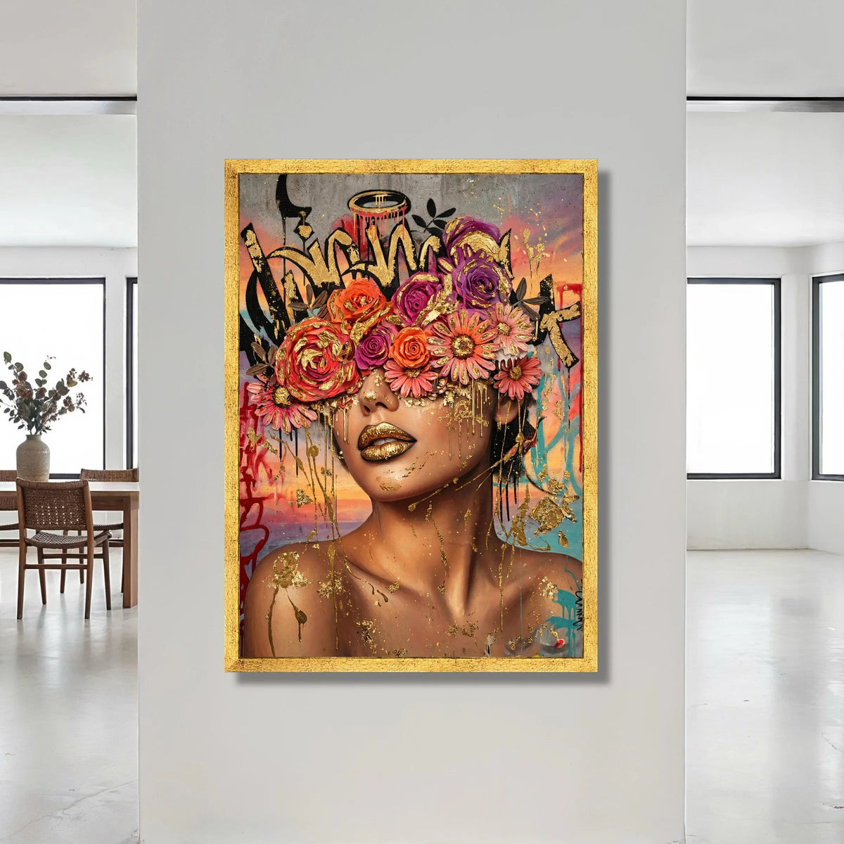 Glamorous Woman Portrait Canvas, Floral Crown Wall Art, Colorful Urban Graffiti Design, Modern Face Art Canvas, Home Canvas Print Art