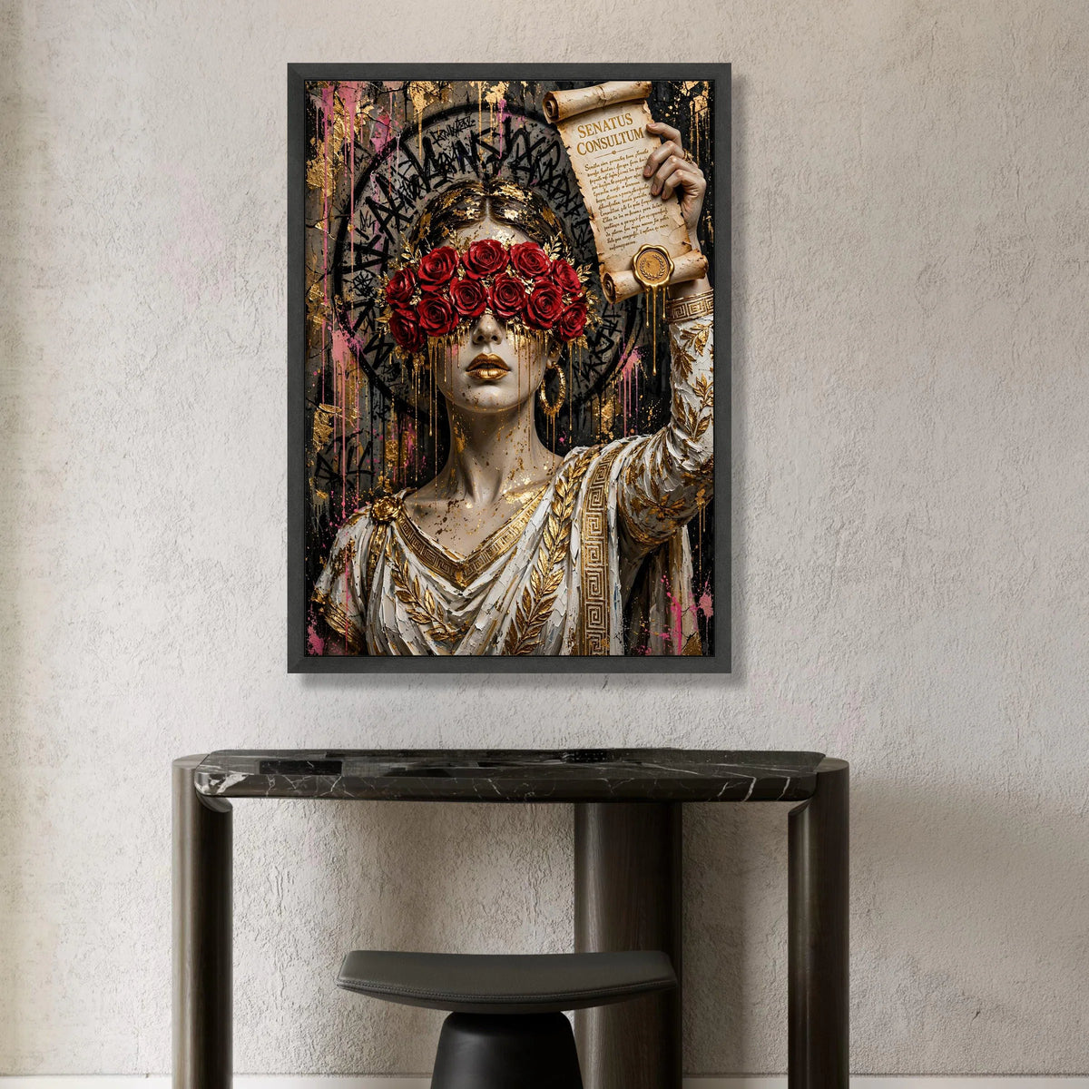 Regal Woman with Roses Blindfold, Ancient Scroll Canvas, Gold Accents Wall Art, Roman Canvas, Elegant Home Decoration Canvas Print Art