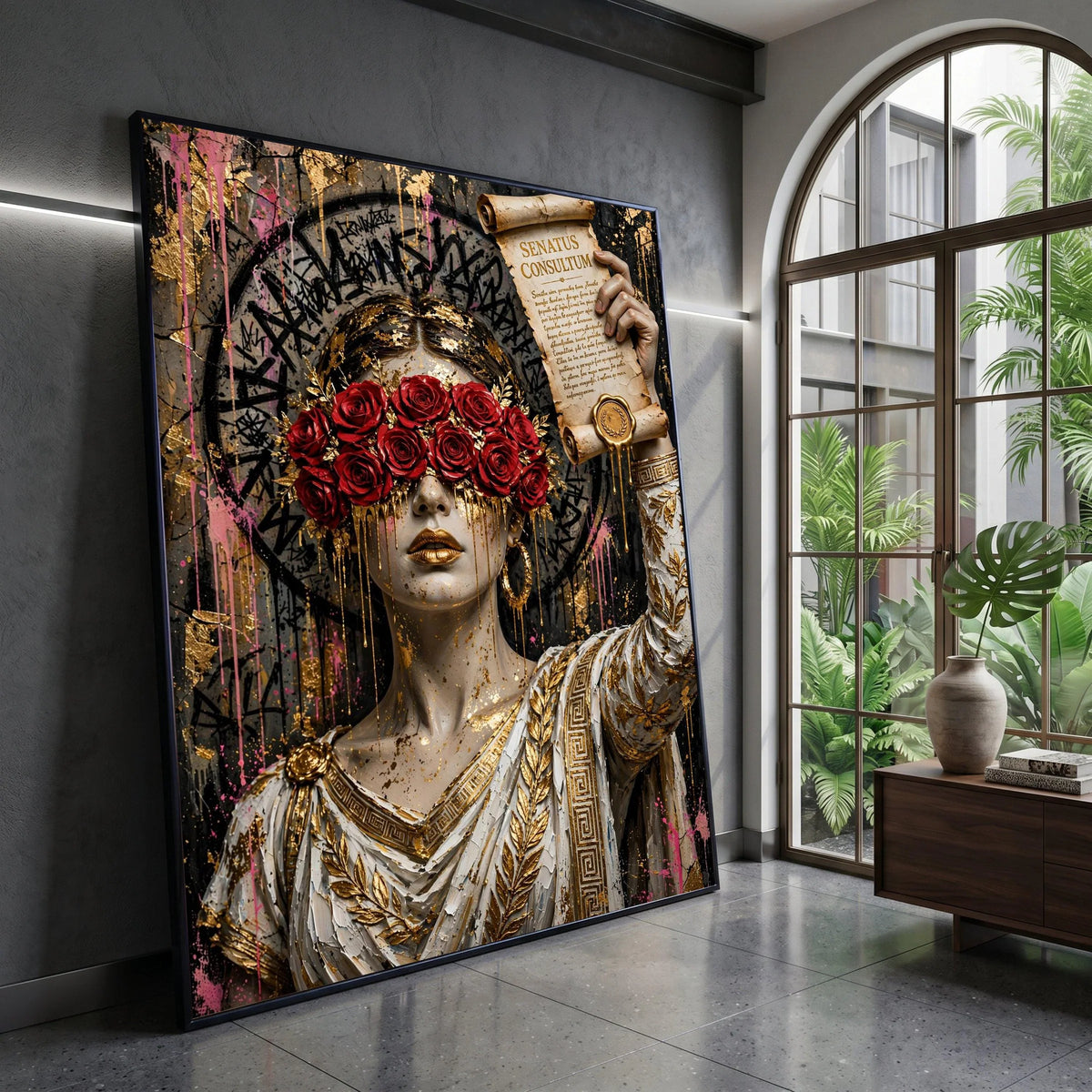 Regal Woman with Roses Blindfold, Ancient Scroll Canvas, Gold Accents Wall Art, Roman Canvas, Elegant Home Decoration Canvas Print Art