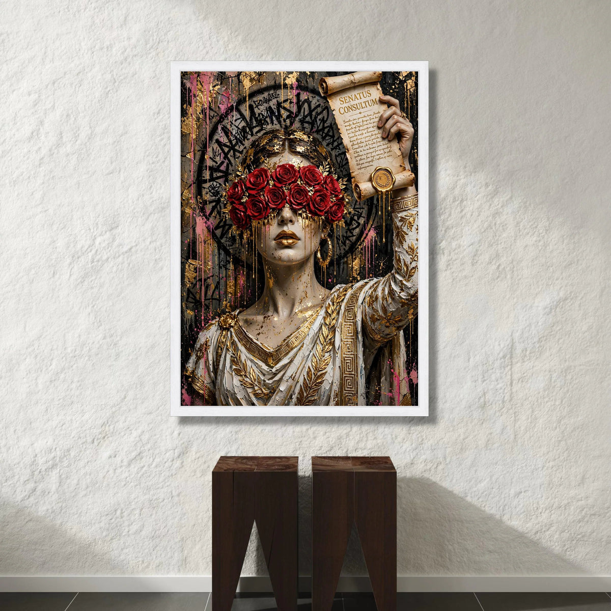 Regal Woman with Roses Blindfold, Ancient Scroll Canvas, Gold Accents Wall Art, Roman Canvas, Elegant Home Decoration Canvas Print Art