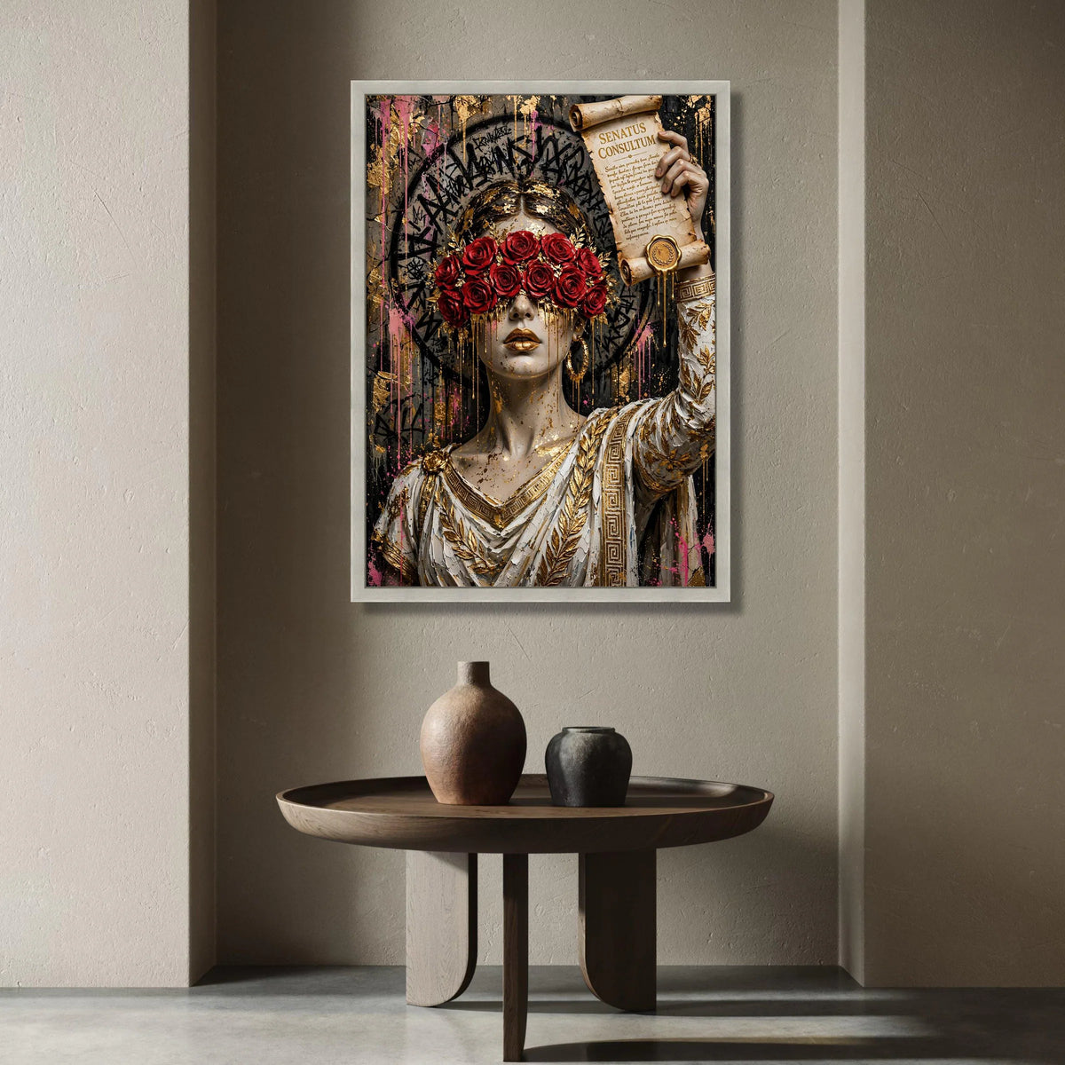 Regal Woman with Roses Blindfold, Ancient Scroll Canvas, Gold Accents Wall Art, Roman Canvas, Elegant Home Decoration Canvas Print Art