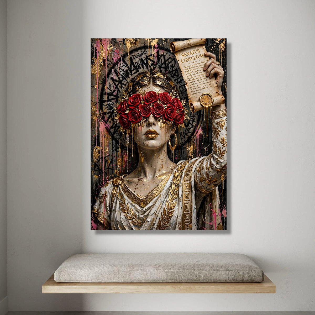 Regal Woman with Roses Blindfold, Ancient Scroll Canvas, Gold Accents Wall Art, Roman Canvas, Elegant Home Decoration Canvas Print Art