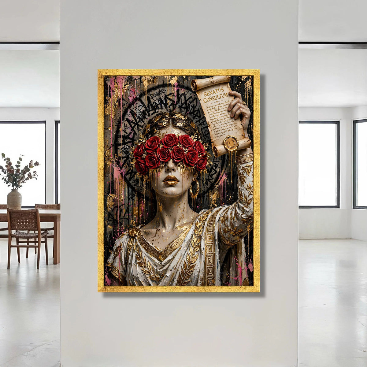Regal Woman with Roses Blindfold, Ancient Scroll Canvas, Gold Accents Wall Art, Roman Canvas, Elegant Home Decoration Canvas Print Art