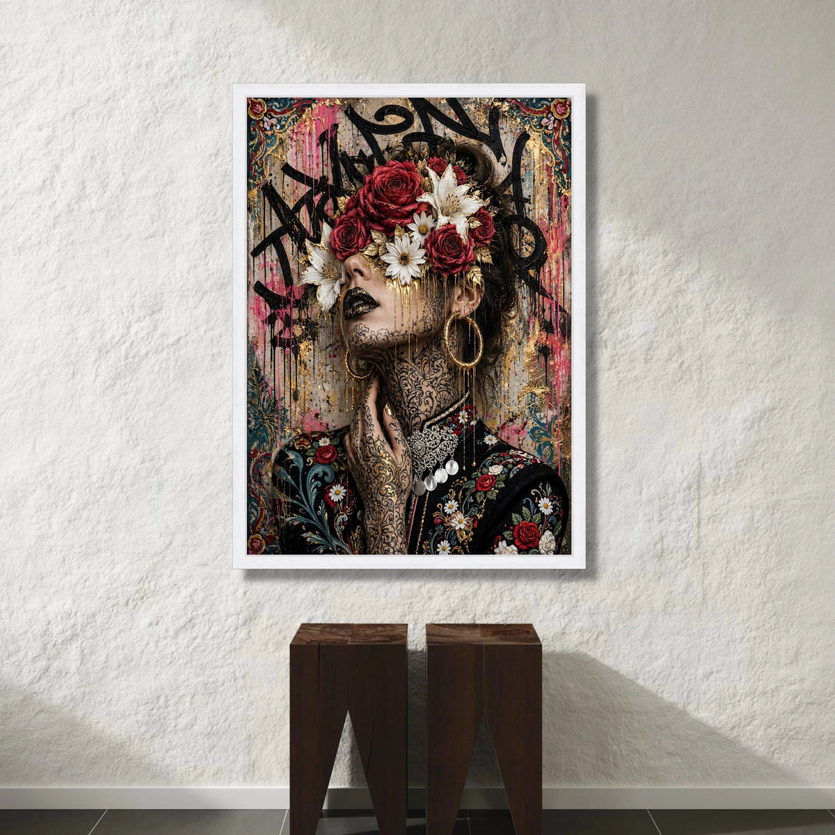 Elegant Woman Portrait with Floral Crown Canvas, Decorative Face Art Wall Decor, Tattoo Canvas, Modern Artistic Print for Canvas Print Art